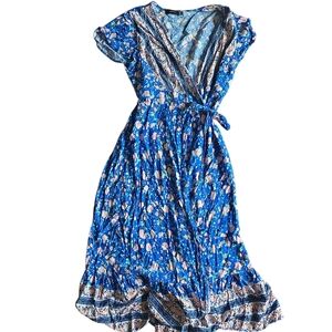 Floral Blue Wrap Dress Zesica